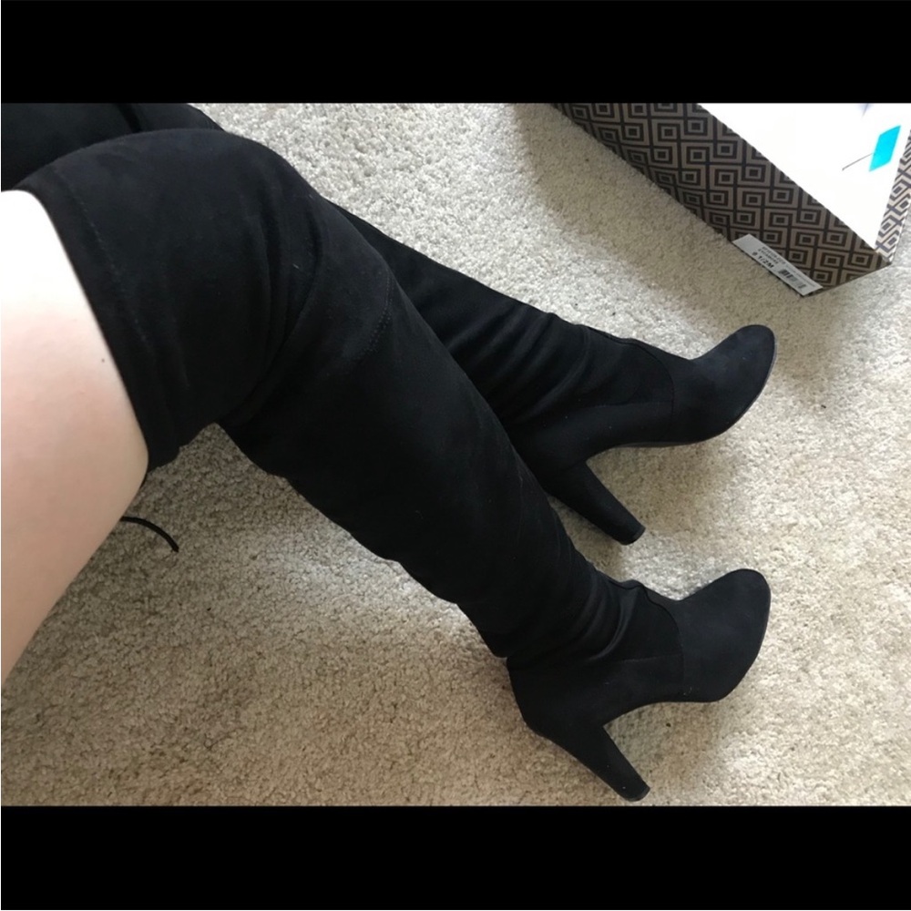 9.5 Suede Sock Boots 3” heel - over the knee string to tie in the back Elegant